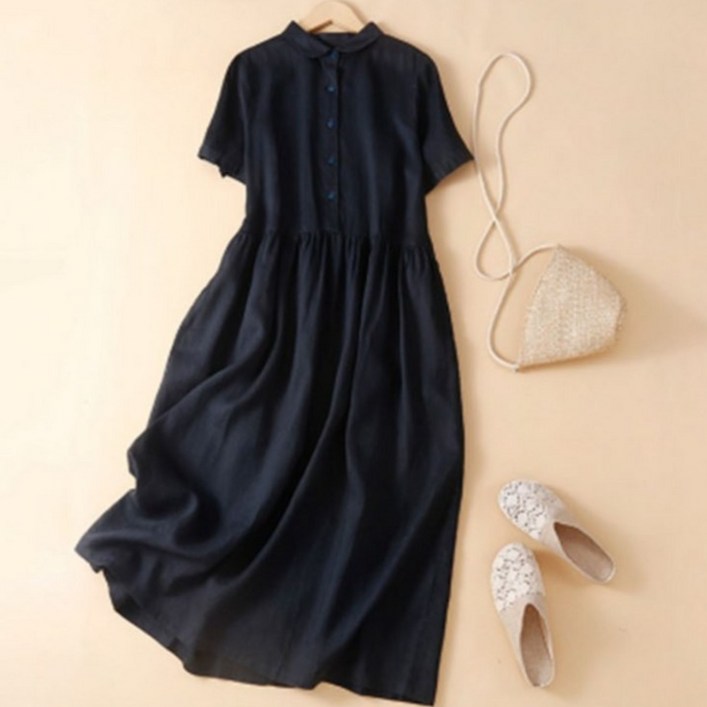 여성 시원 편안 면 마 소재 오버핏 A라인 롱 원피스 캐주얼한 디자인 봄 여름 가을 매력 반팔 스타일 활동적 일상 생활 안성맞춤 새로운 시즌스타일링