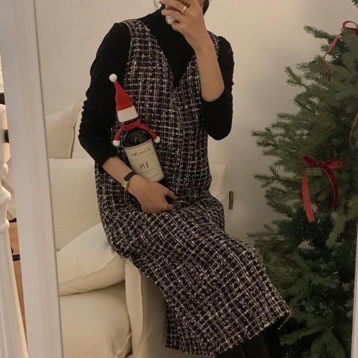 루어스룸 샤네 브이넥 겨울 민소매 레이어드 루즈핏 H라인 연말룩 하객룩 고급 트위드 롱 원피스