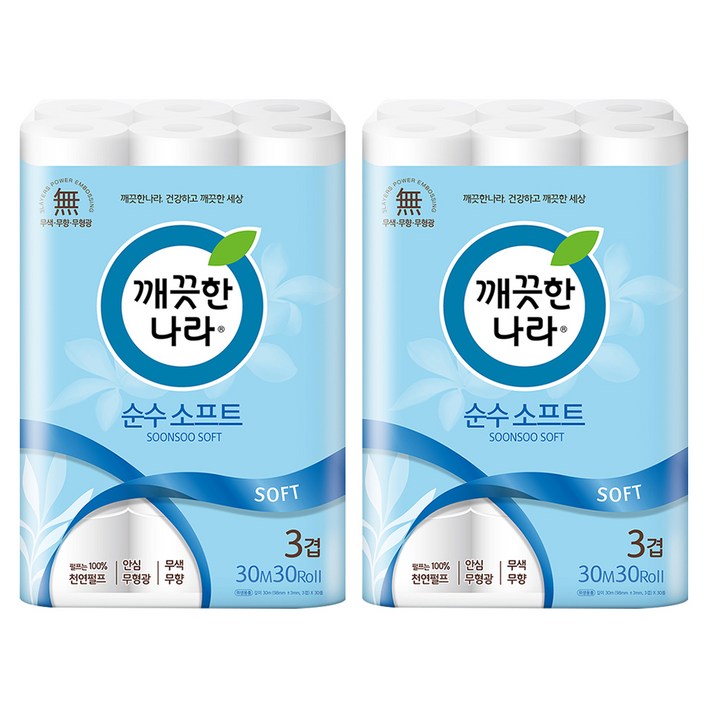 깨끗한나라 3겹 순수 소프트 화장지, 30m, 30개입, 2개