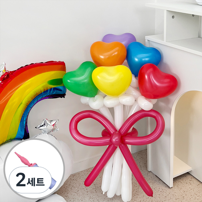 파티아일랜드 하트 풍선 레인보우 믹스 꽃다발 DIY  손펌프 세트, 혼합색상, 2세트