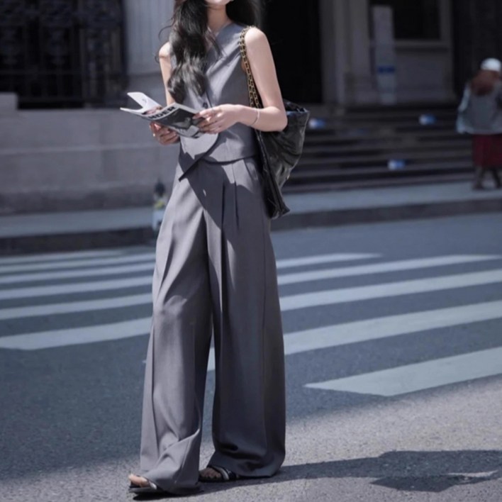 비비에모 씨밀라 여름 정장 사선 민소매  와이드 팬츠 세트 10373