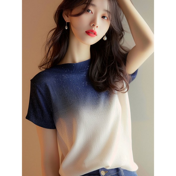 해피유통 여성 그라데이션 반팔 니트 톱wjw