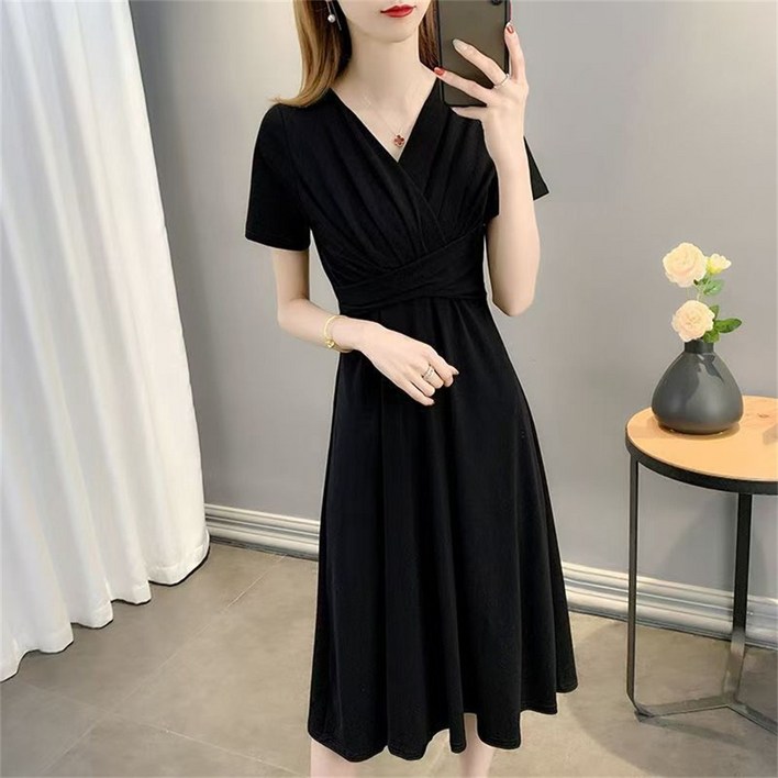 besteffie 스판좋은 시원한 여성용 봄여름 브이넥 반팔 A라인 원피스 a라인 심플하고 우아한 디자인 드레스 K12