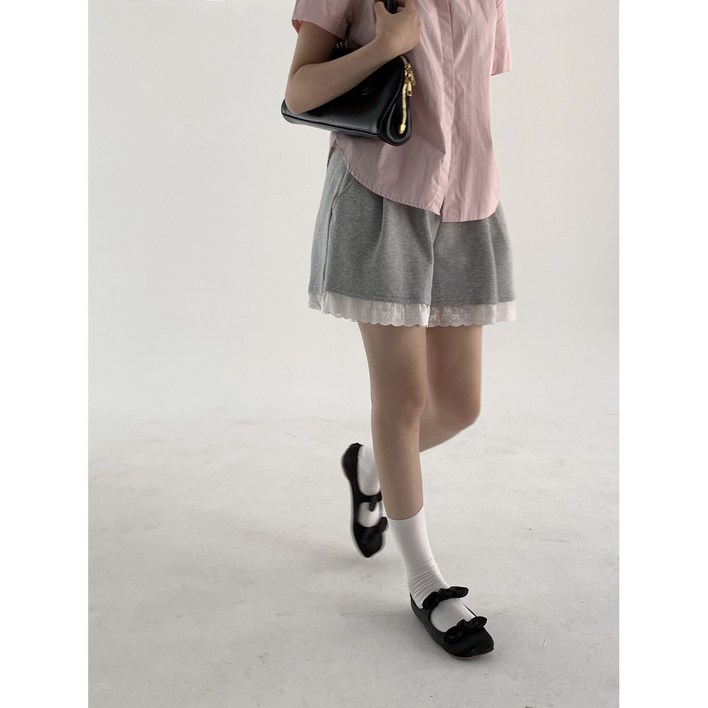 레몬웨이브 레이스 핀턱 리본 트레이닝 하프 밴딩 팬츠 반바지 (2Color)