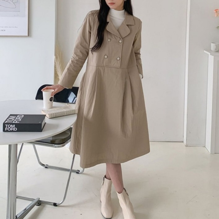 여성 트렌치 더블버튼 롱 원피스 국내제작 4477