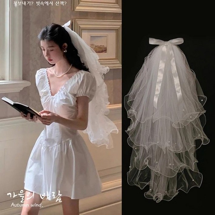 FANSYLI 웨딩헤어핀,웨딩헤어핀,면사포 웨딩베일 셀프웨딩촬영,웨이브 리본 웨딩 베일 면사포 ,예식용품0508F01