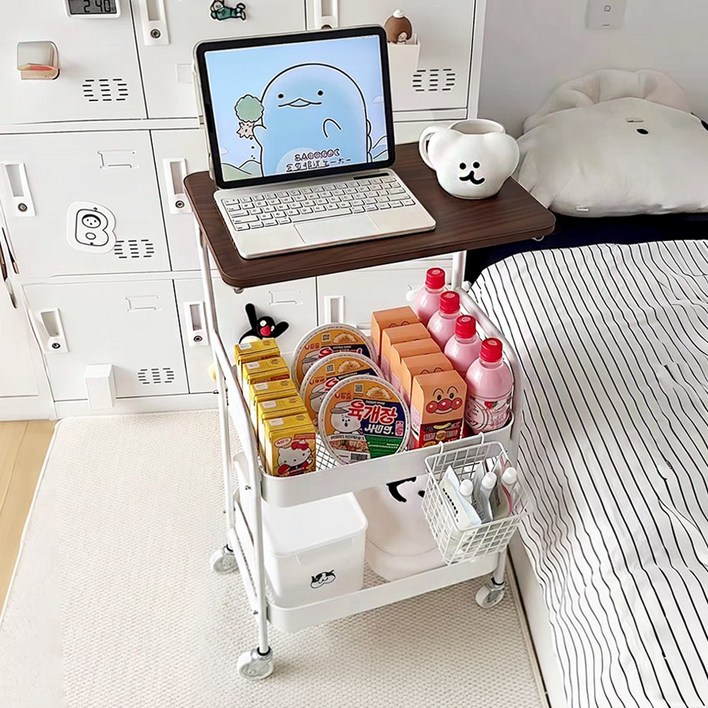 하루꿈 이동식 트롤리 3단 철제 다용도 선반 360도 회전 수납 카트