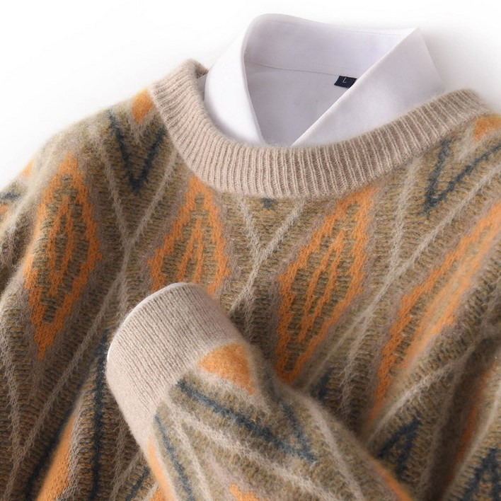 추동 캐시미어 셔츠 남 라운드 루즈핏 박시 자카드 스웨터 도톰한 캐주얼 긴팔 순모 레깅스