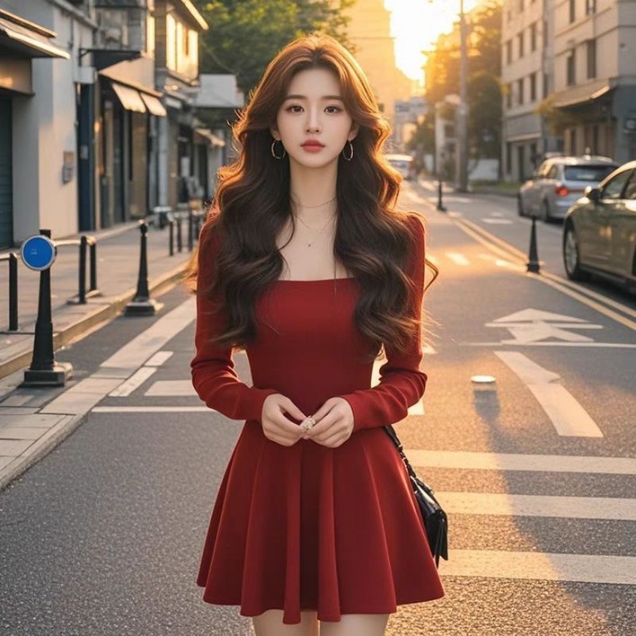 봄 가을 여성 긴팔 원피스 빈티지 스퀘어 미니 원피스 빅사이즈 허리 조임 a라인 여자 미니 원피스 CJJ