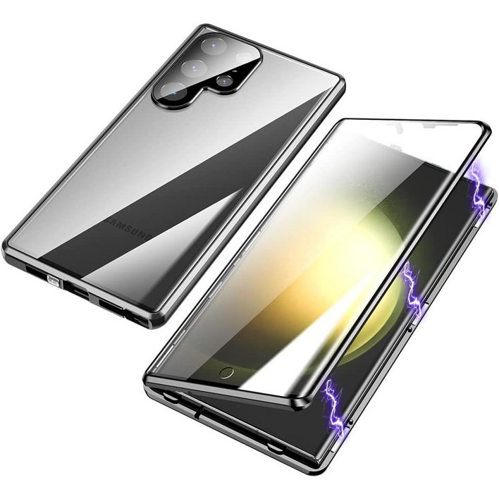 하이엑스 갤럭시 S23울트라 휴대폰 케이스 양면강화유리 투명 풀커버 마그네틱 지동흡착, 블랙, 1개