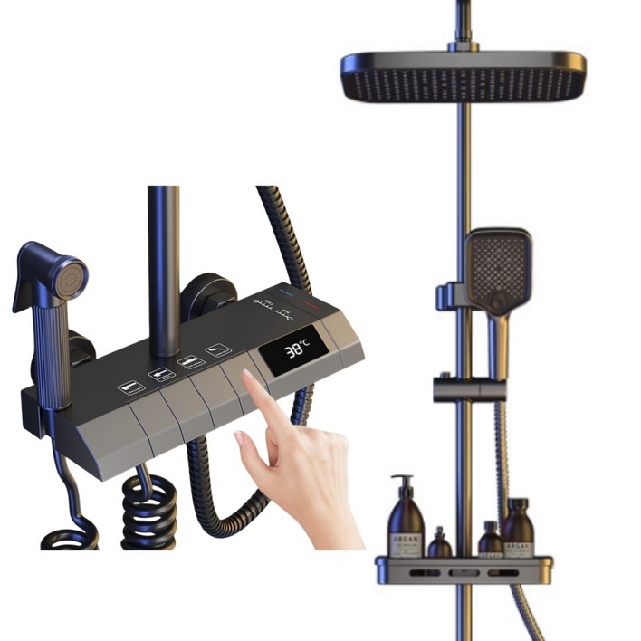 해바라기 샤워기 세트 4단 조절 가능 수온 표시 선반형 수납 가능한 스마트 샤워기 세트