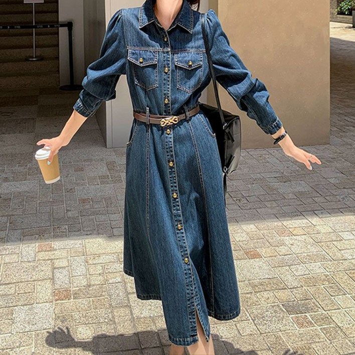 COSYEVNO 데님 원피스 캐주얼 복고풍 패션 봄 여성 셔츠 롱스커트