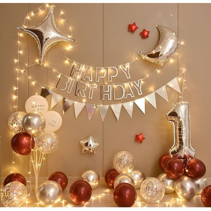 파티샵 생일 풍선 세트(5m전구,손펌프,풍선꽂이포함)별세트 대형, 레드+전구 생일축하풍선