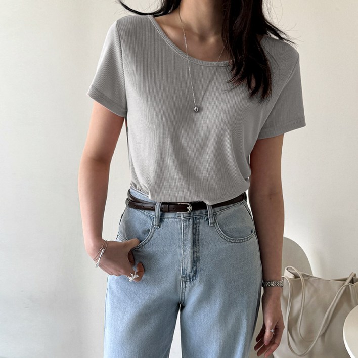 데일리앤 리커버 여성 기본 골지 스판 레이온 얇은 봄 여름 반팔 티셔츠