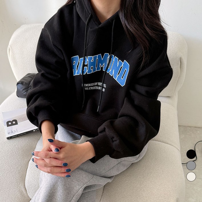 디테일웨어 여성 기모 리치먼드 후드티셔츠 귀여운 레터링 오버핏 긴소매 티셔츠 도톰한 후드맨투맨