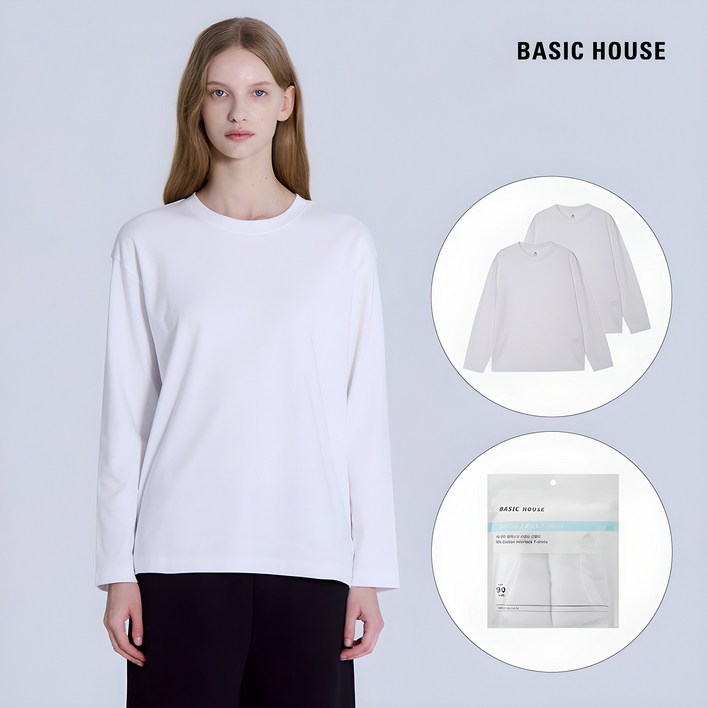 베이직하우스 여성용 통기성 40수 릴렉스핏 라운드 긴팔티셔츠 2종 세트