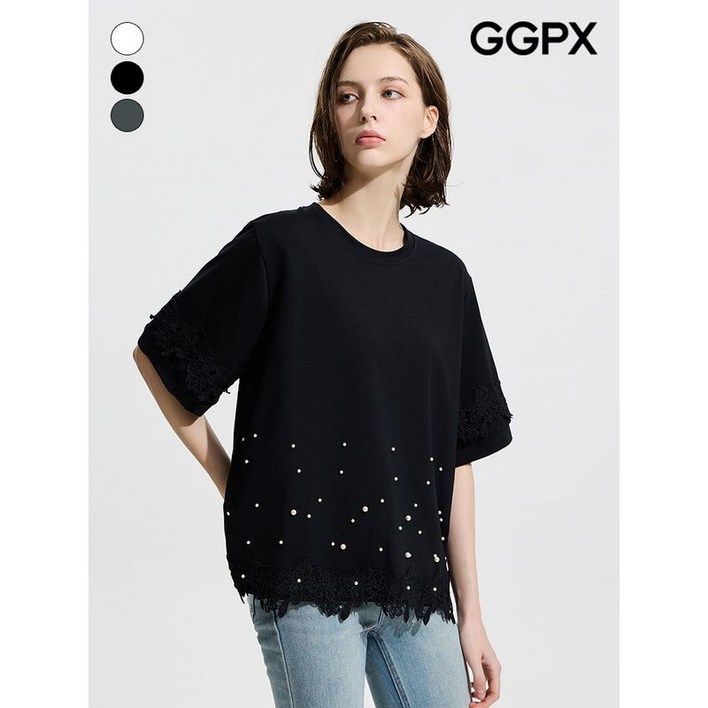 GGPX 밑단 진주 레이스 반팔 티셔츠  GP4TS041F