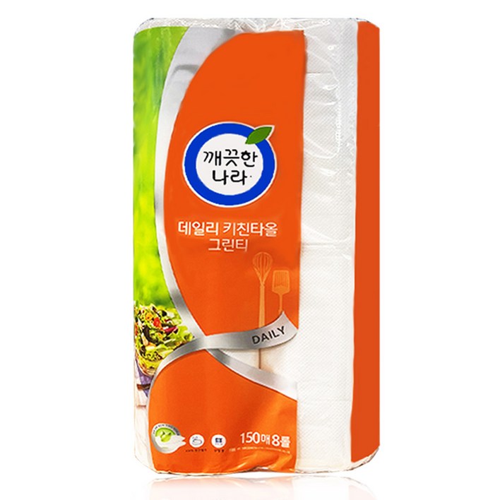 깨끗한나라 데일리 키친타올 그린티 150매, 150개입, 8개