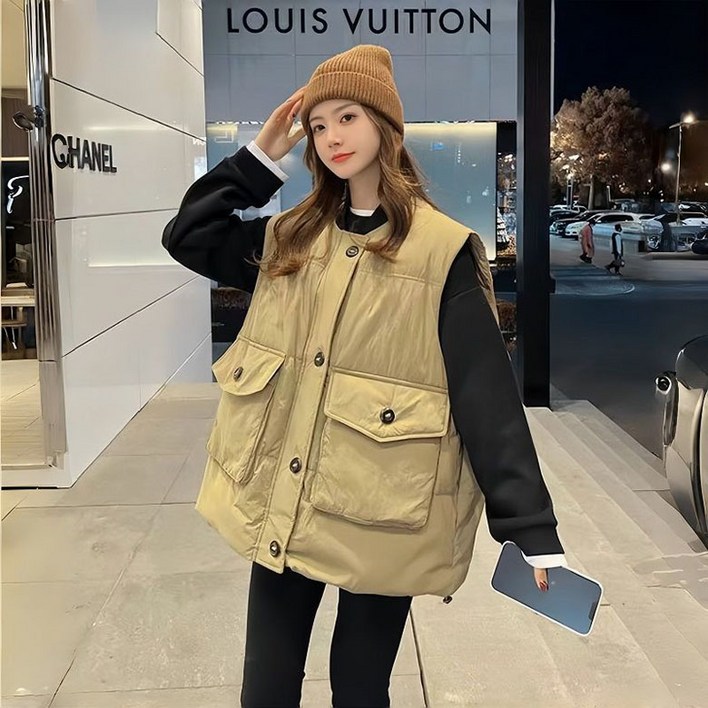 ORZQU 추동 여성 민소매 나그랑 코디 오버핏 숏 조끼 코트