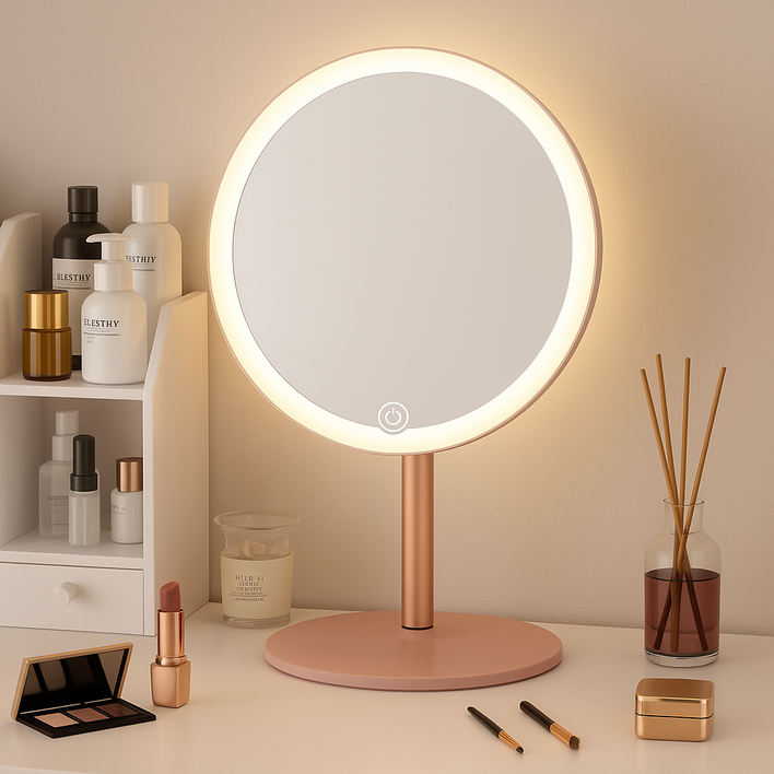 차르미콜 충전식 LED 조명 탁상거울 21cm, 사쿠라핑크