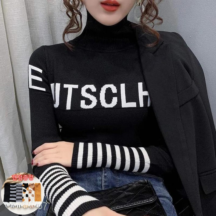 TIYANY 여성용 터틀넥 니트 스웨터 레터링  양말 증정