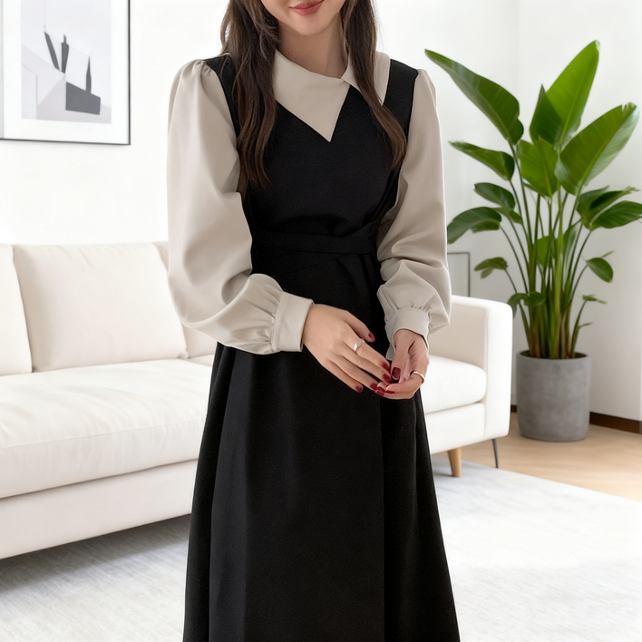 POMTOR 여성 봄가을 카라 원피스 A라인 원피스 하객룩 오피스룩