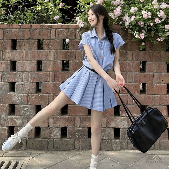 POMTOR 여성용 반팔 A라인 허리라인 플리츠 셔츠형 미니 플리츠 원피스