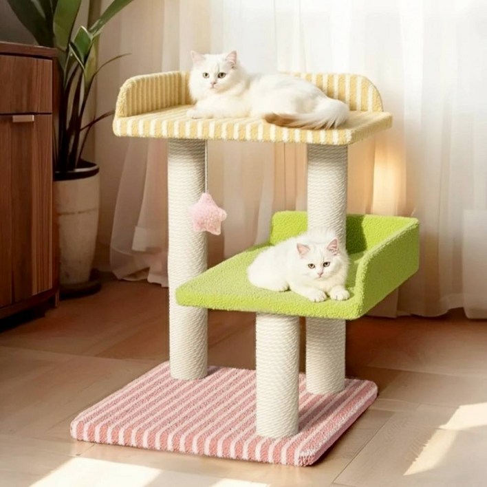 Tinduo 고양이 캣타워 3단 캔디 컬러 + 넓은 안전 펜스 플랫폼 + 면실 감김 스크래쳐 + 숨숨집, 1개, 3단 캣타워