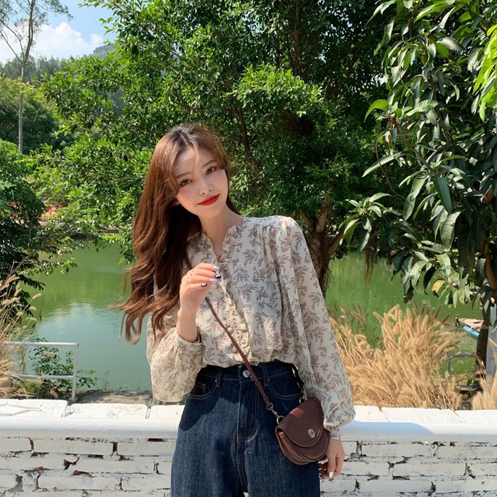 치유쿠 신상 플라워 블라우스 여성 긴팔 프릴 블라우스