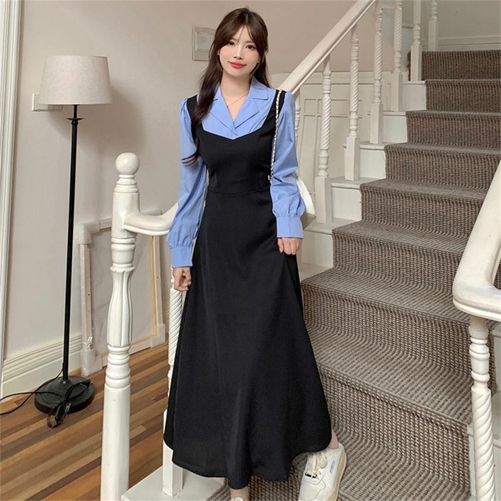 besteffie 가을원피스 여성용 셔츠형 배색 빅사이즈 올드머니룩 쉬폰가을원피스 E88