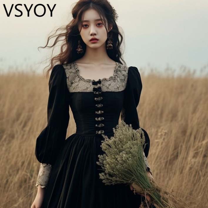 vsyoy 프랑스 헵번 스타일 블랙 레트로 드레스 가을 새로운 여성 빈티지 드레스 vsyoy 프랑스 헵번 스타일 블랙 레트로 드레스 가을 새로운 여성 빈티지 드레스