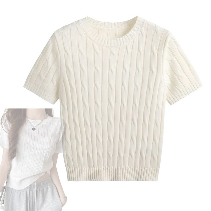 램프요정몰 여성 케이블 꽈배기 반팔 여름 니트 스웨터