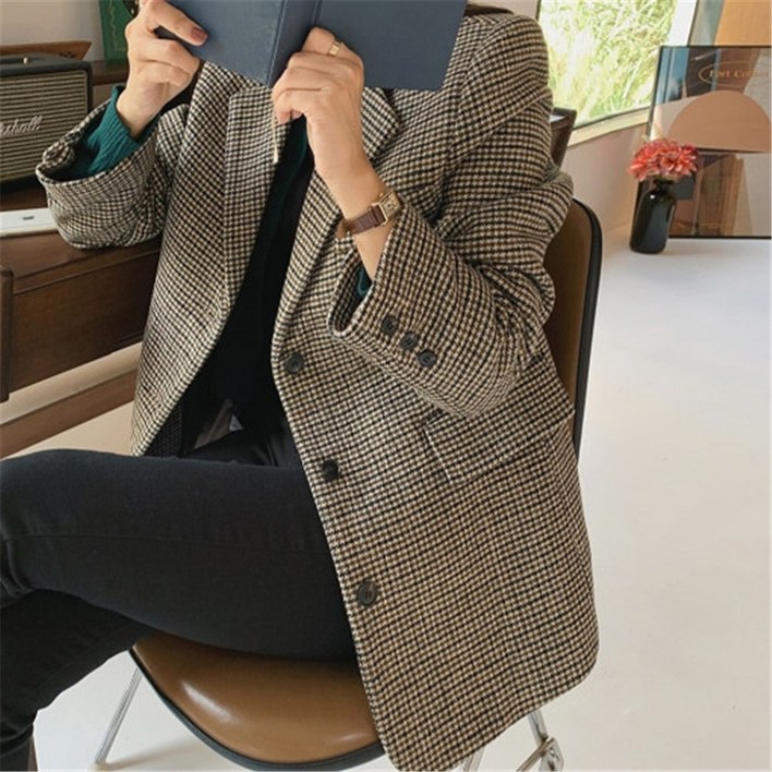 오스틱니 빈티지 잔체크 가을 겨울 여성 자켓 빅사이즈