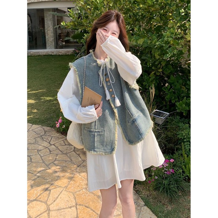 여성 봄 원피스 세트 패션 루즈핏 긴팔 미니 원피스  데님 베스트 프렌치 여자 투피스 세트 YXF