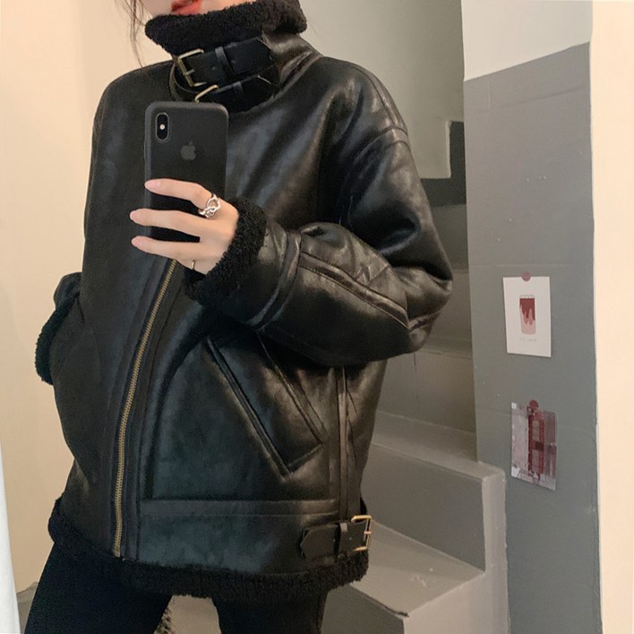 여성 바이크 자켓 겨울 가죽 재킷 울코트 하이넥