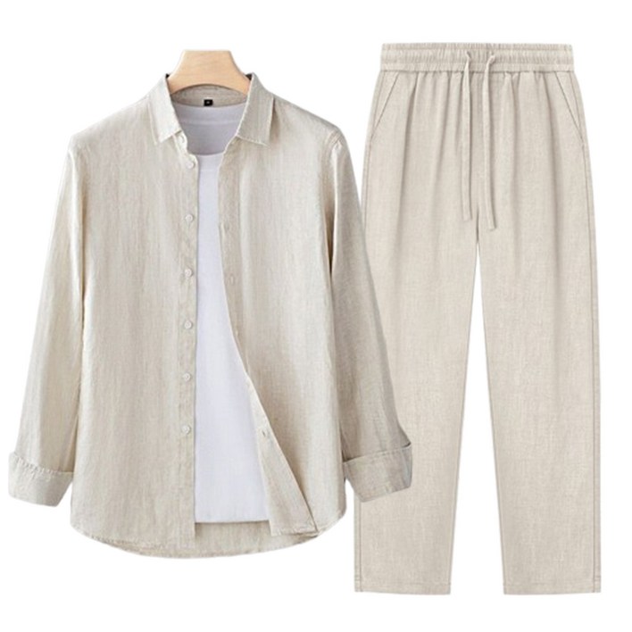 남성 린넨 셔츠 세트 긴팔 상하의 봄여름용 캐주얼 투피스 데일리 남자세트복