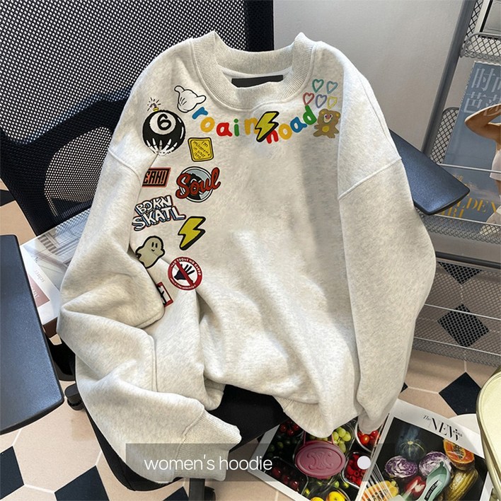 FANSYLI 여성 봄 가을 캐릭터 긴팔티 맨투맨 캐주얼 오버핏 풀오버 긴팔 티셔츠 트레이닝 상의 아우터 0108JLL3452