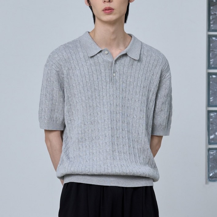 에이지오디 코튼 모달 워셔블 버튼 카라 케이블 하프 니트 반팔니트 반소매니트 캐주얼 데일리 남녀공용 케이블 하찌 반집업 오버핏