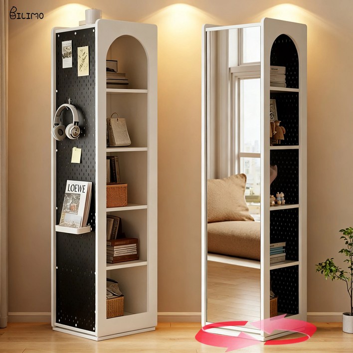 BILIMO 전신거울 회전형 수납 선반 다용도 스탠드, 화이트