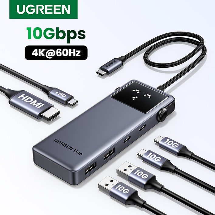 UGREEN 유그린 Uno 6 in 1 C타입 멀티 허브 10Gbps 데이터 전송 포트 4K60Hz HDMI 지원 스마트 이모티콘 상태 표시, 1개, Grey UGREEN 유그린 Uno 6 in 1 C타입 멀티 허브 10Gbps 데이터 전송 포트 4K60Hz HDMI 지원 스마트 이모티콘 상태 표시, 1개, Grey