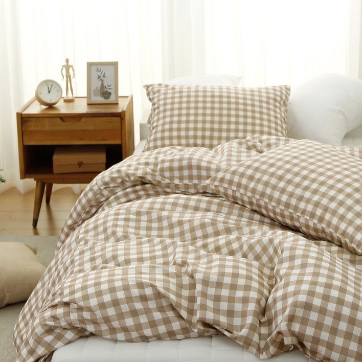 우디체크 이불커버 호텔식 침구 부드럽고 먼지없는 세미마이크로 사계절이불 S D Q 베이지