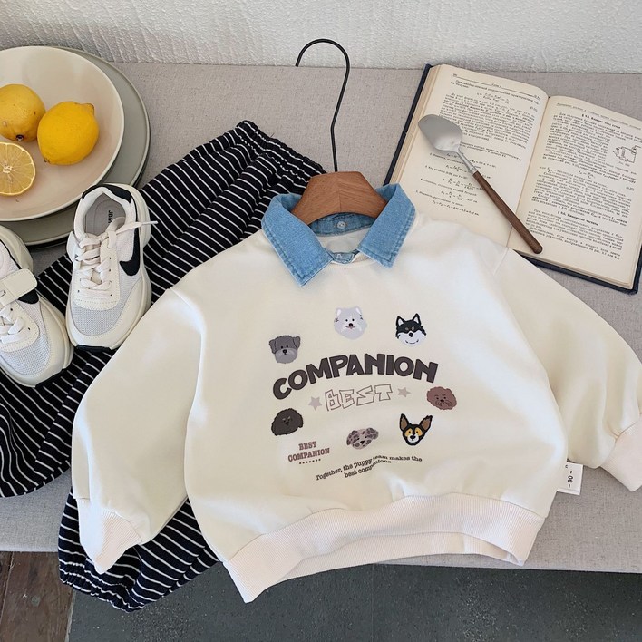 루미팝 아동 공용 봄가을 신상 데님 카라넥 강아지 프린트 맨투맨