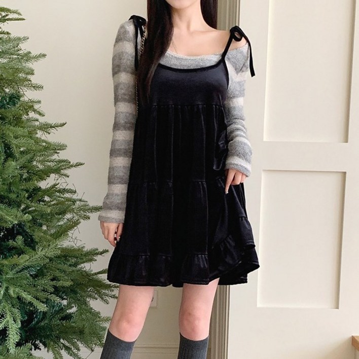 텐텐샵 벨벳 캉캉 뷔스티에 미니 원피스 여성 벨벳 나시 프릴 원피스 가을 겨울 연말룩