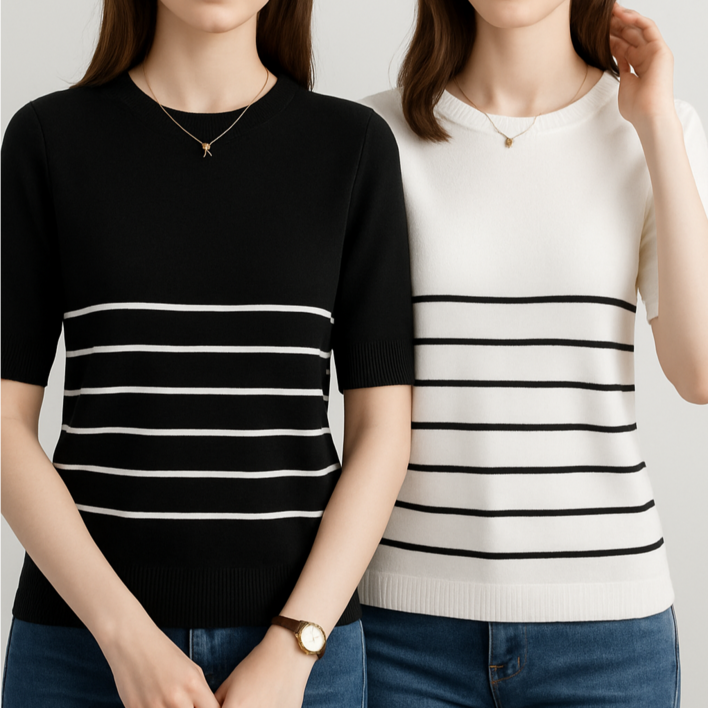 댄유온 여성 아이스 반팔 니트 티셔츠 스트라이프 5부 쿨니트