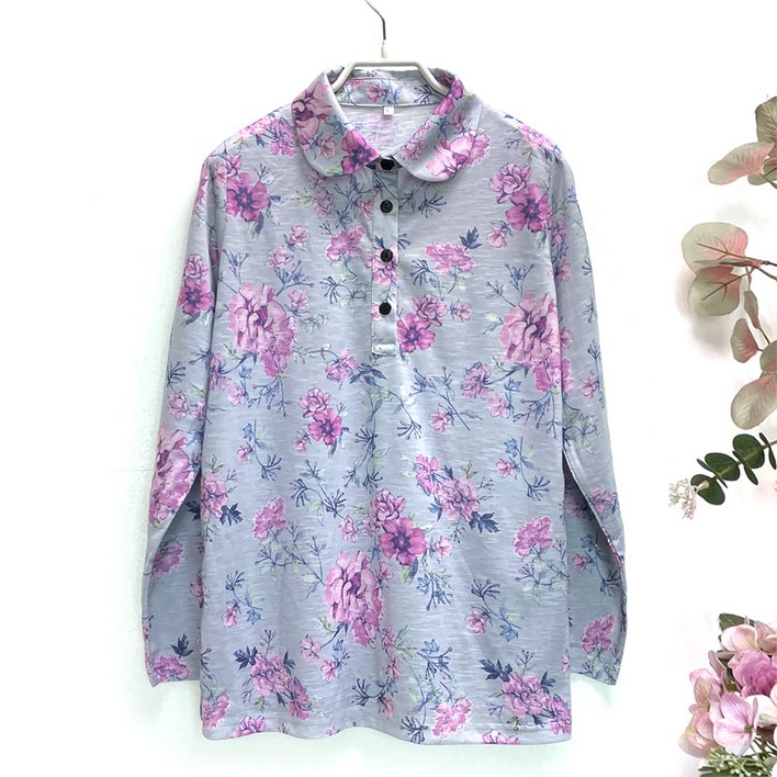 국민할매 국내생산 할머니옷 봄 가을  클레시 면 슬라브원단 헤라장미 카라티셔츠[KH-2512] 간절기 요양원옷