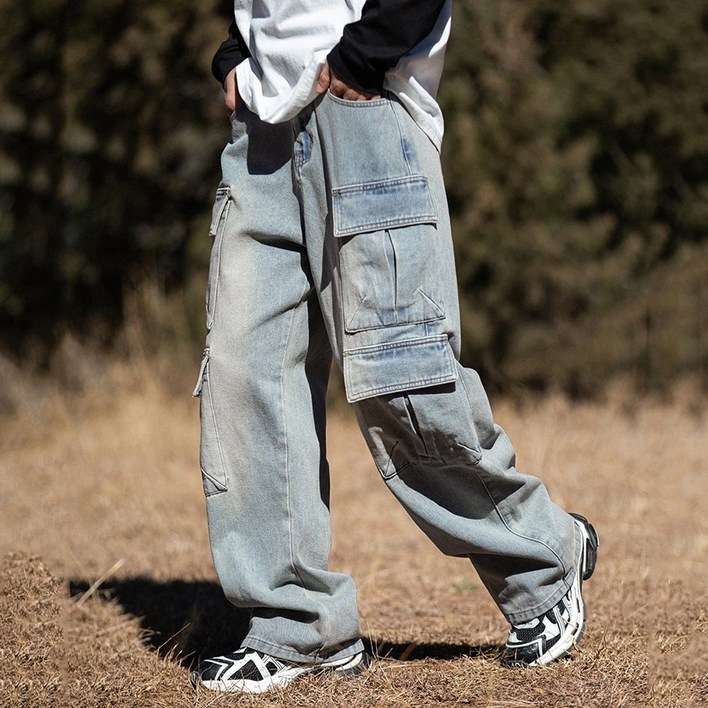 지디오 남성 워싱 데님 카고 팬츠 와이드 스트릿 청바지 빅포켓