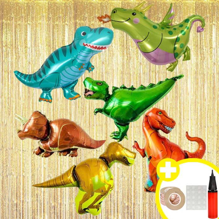 공룡테마 파티 대형 공룡 은박풍선 6종 파티커튼 세트 인생샷 포토존 연출템 8옵션 에브리띵스마일 1213, 1세트, 라지믹스 골드 커튼