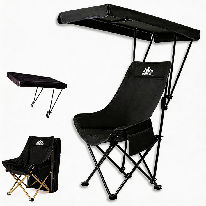 선쉘터 부착 접이식 휴대용 캠핑체어 야외 캠핑의자 발코니 낚시용, 검정색, 1개