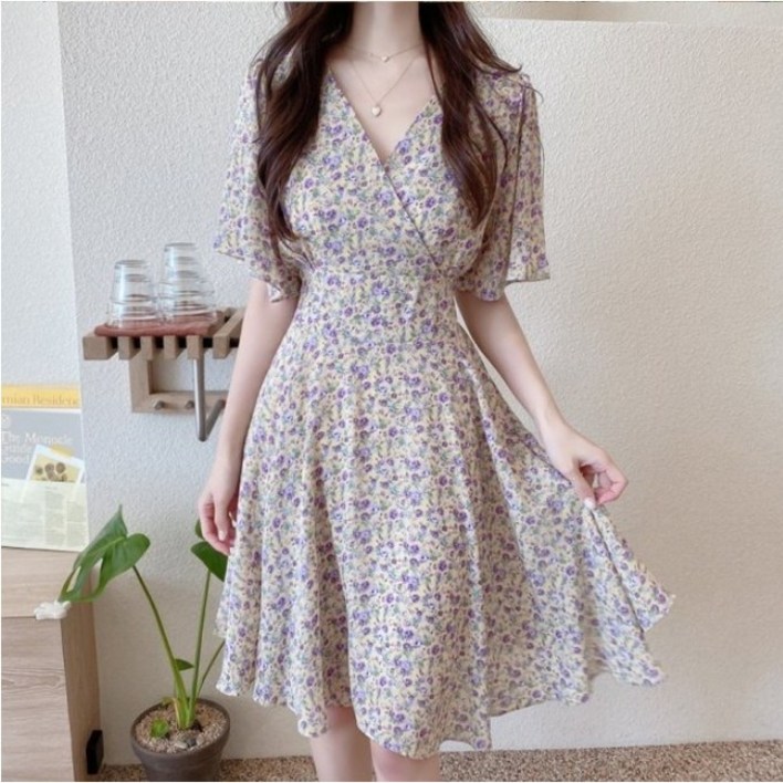 플라워 원피스 랩스타일 원피스 랩원피스 쉬폰원피스 반팔 여름 미니원피스2XL