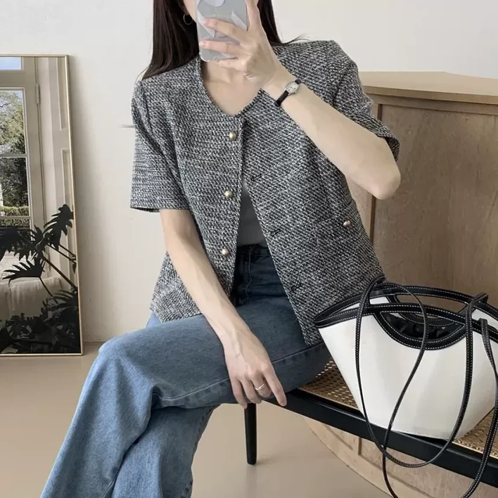 핏몬 트위드 여름 노카라 숏 반팔 정장 자켓